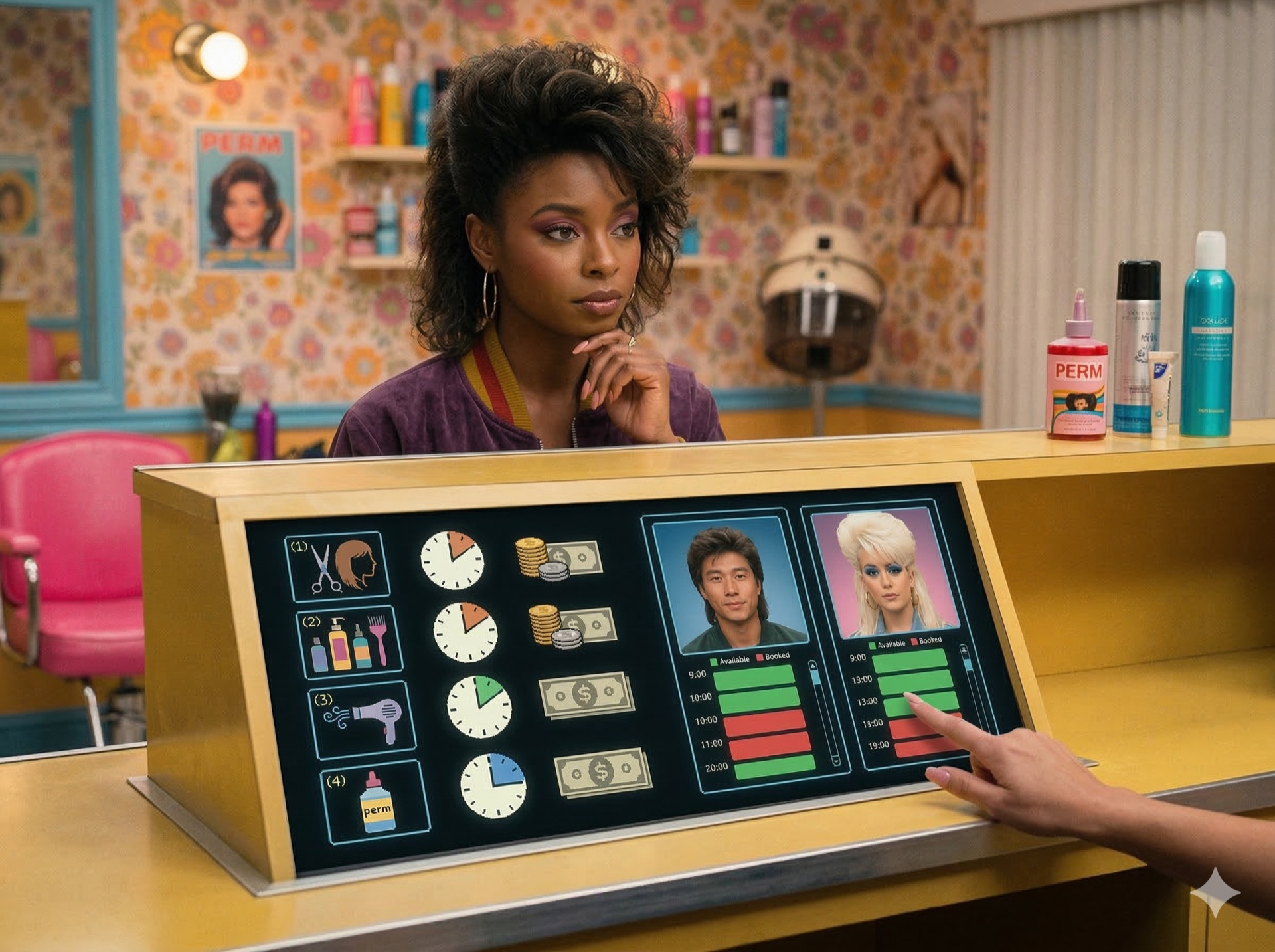 Servicemenü mit Preisen und Mitarbeitern auf einem Telefon-Buchungsbildschirm