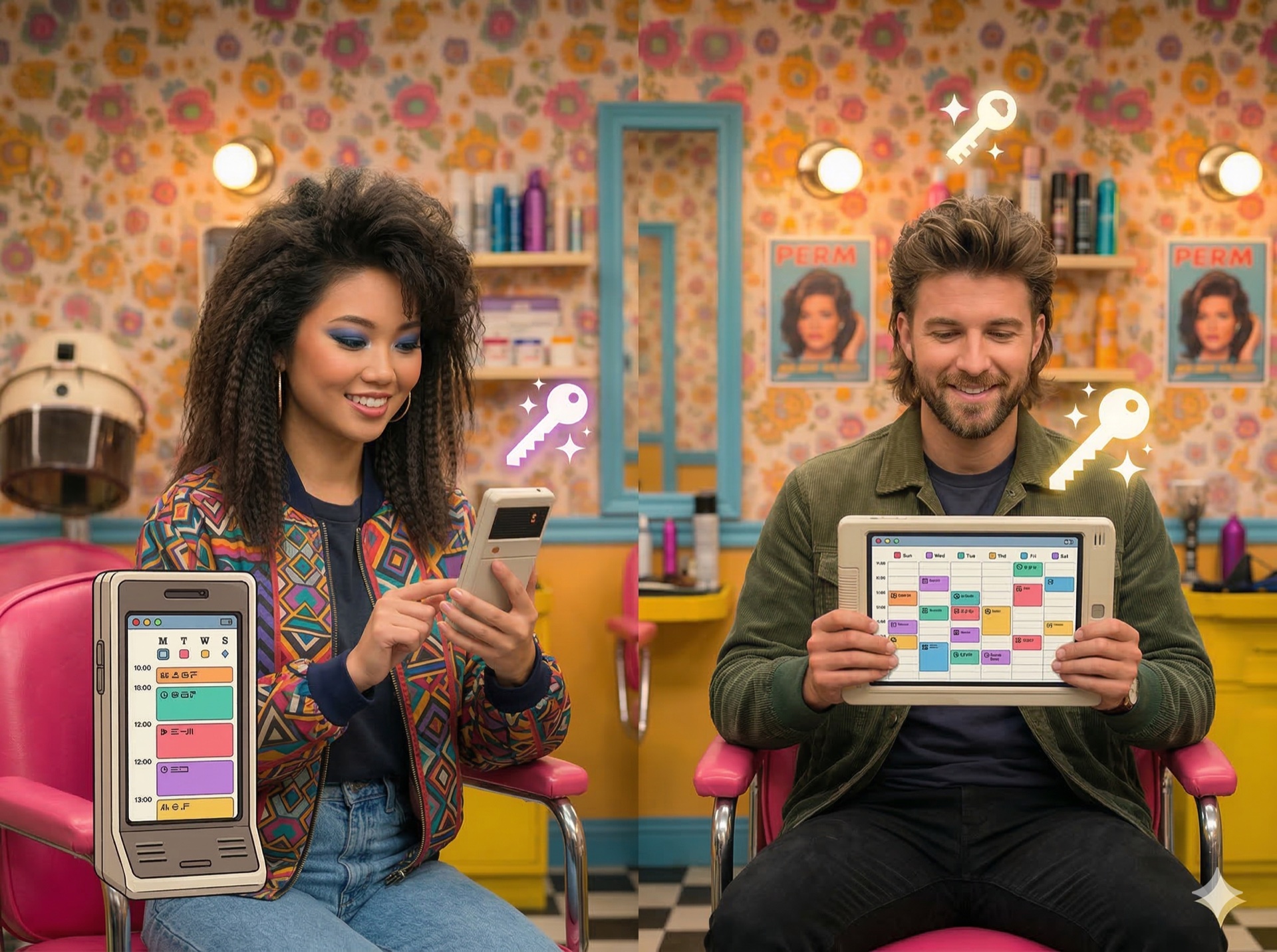 Drei Telefonbildschirme mit Inhaber-, Manager- und Mitarbeiter-Kalenderansichten